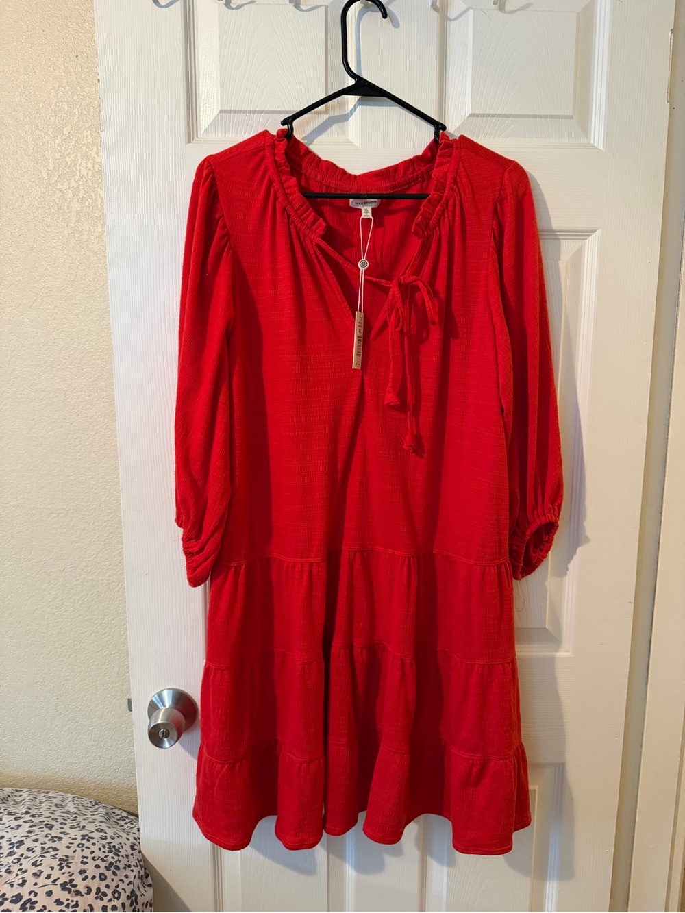 Max Studio Red Tiered Midi Dress with Tie Neck